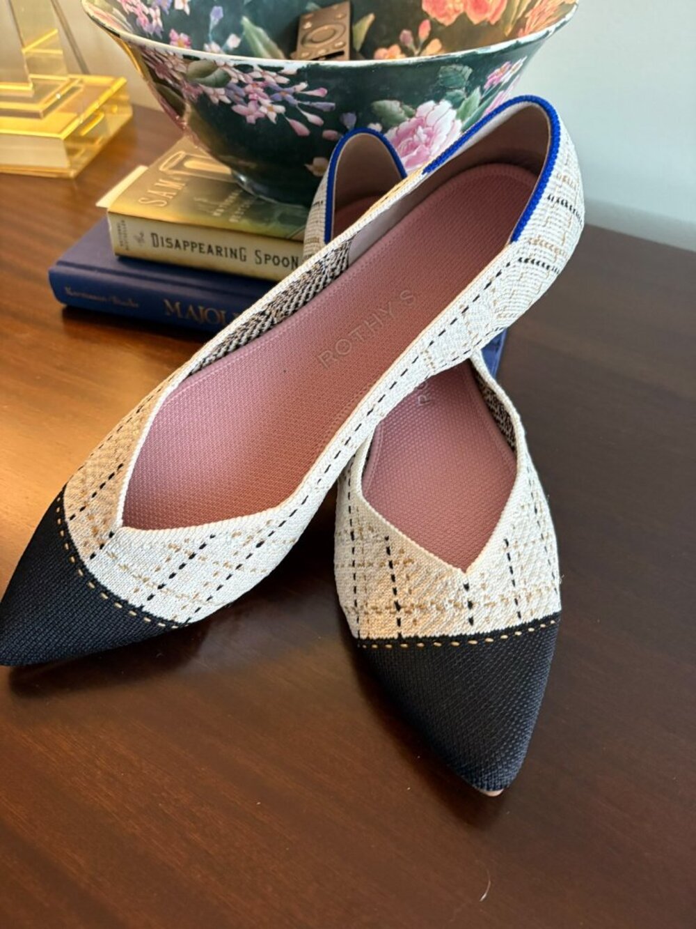 Rothy's The Point Cream Herringbone Black Cap Toe Flats Women's 10.5